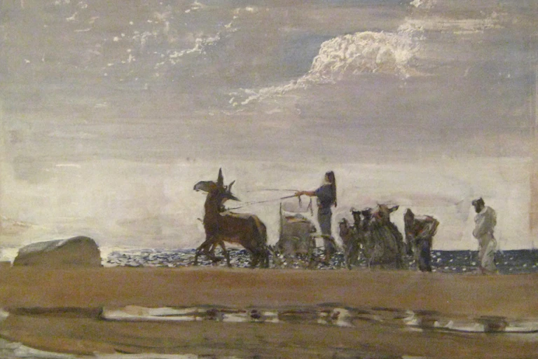 Pintura en la que una mujer está sobre una cuadriga y un hombre la sigue a pie.