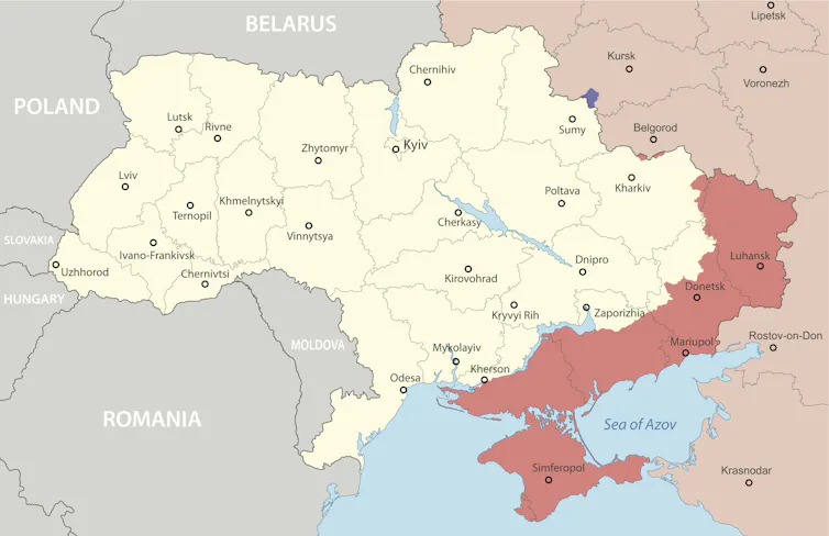 Un mapa que muestra los territorios ocupados por Rusia en el este de Ucrania.