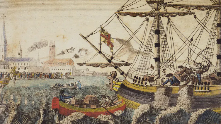 An engaving of the Boston Tea P\arty in 1773.