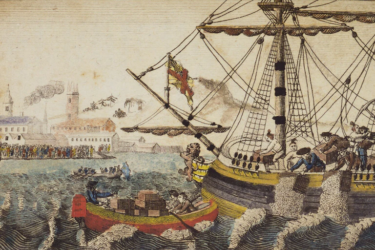 An engaving of the Boston Tea P\arty in 1773.