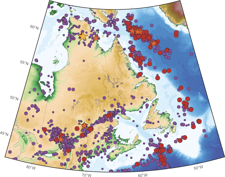 Carte de l’est du Canada indiquant la distribution de l’activité sismique