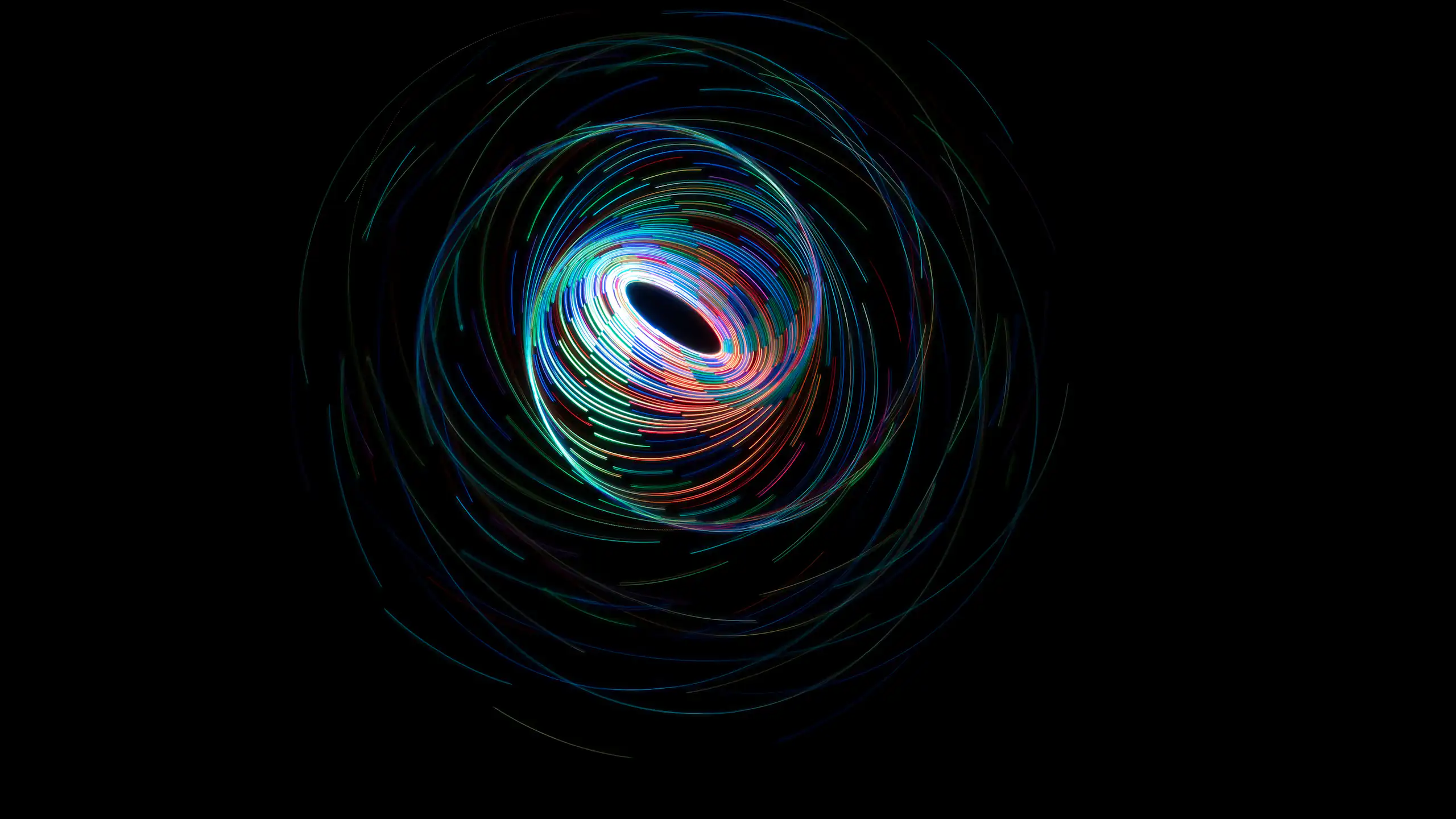 An illustration of swirling lines against a black backdrop, forming a kind of black hole or vortex.