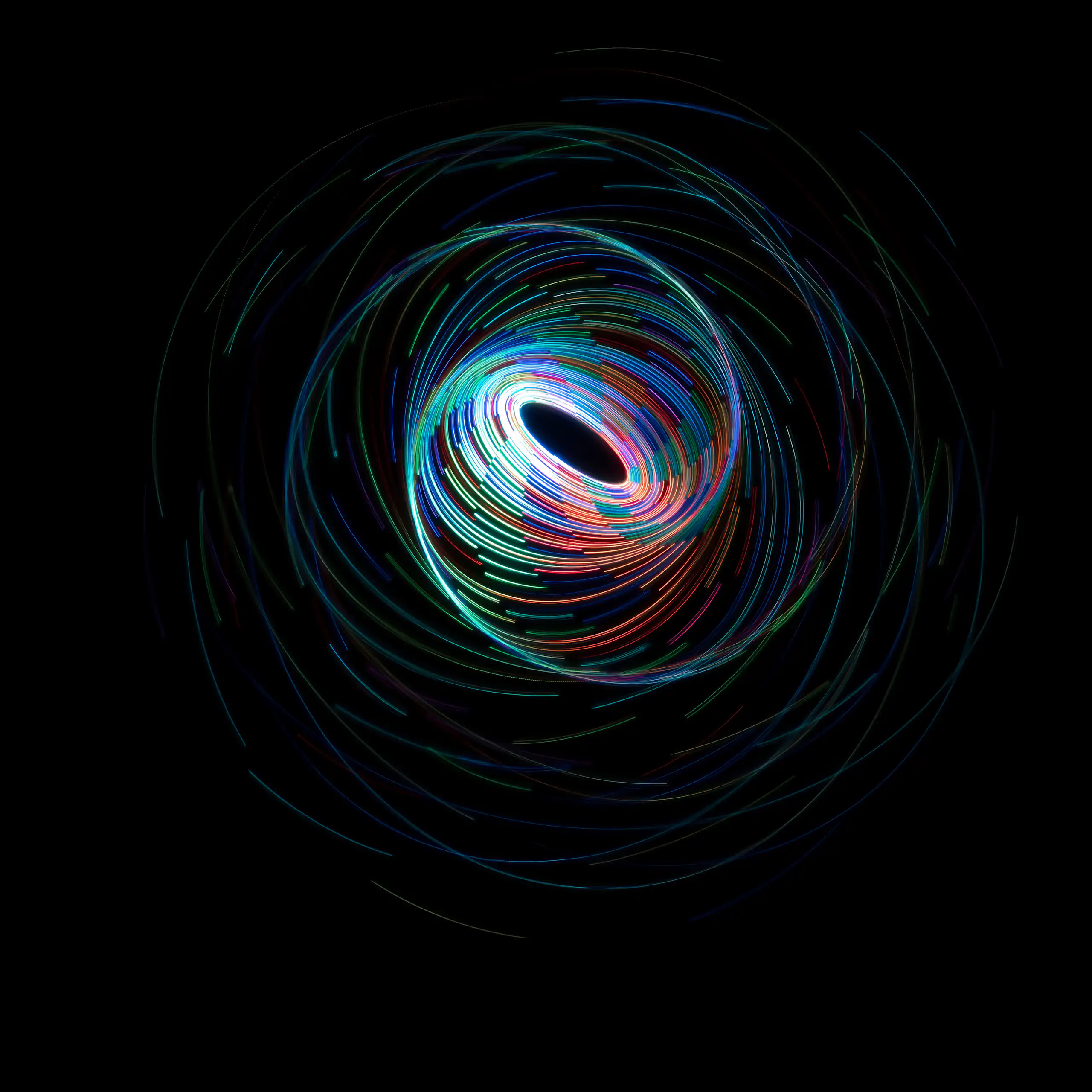 An illustration of swirling lines against a black backdrop, forming a kind of black hole or vortex.