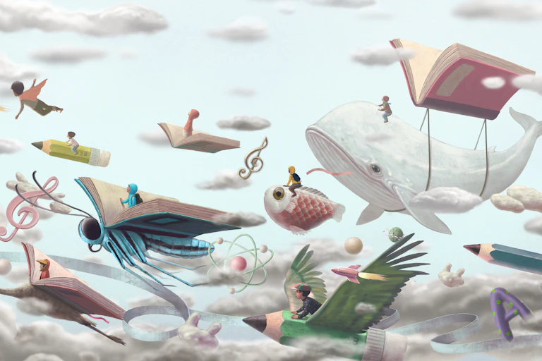 A colorful cartoon graphic shows a whale flying with a book above it, in addition to flying books and pencils with people on top.