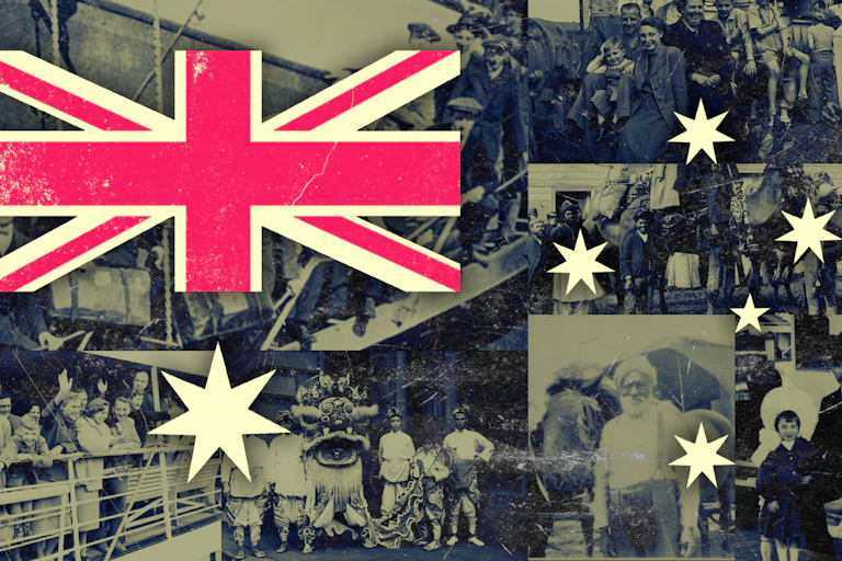 An Australian flag made up of a collage of photos of migrants
