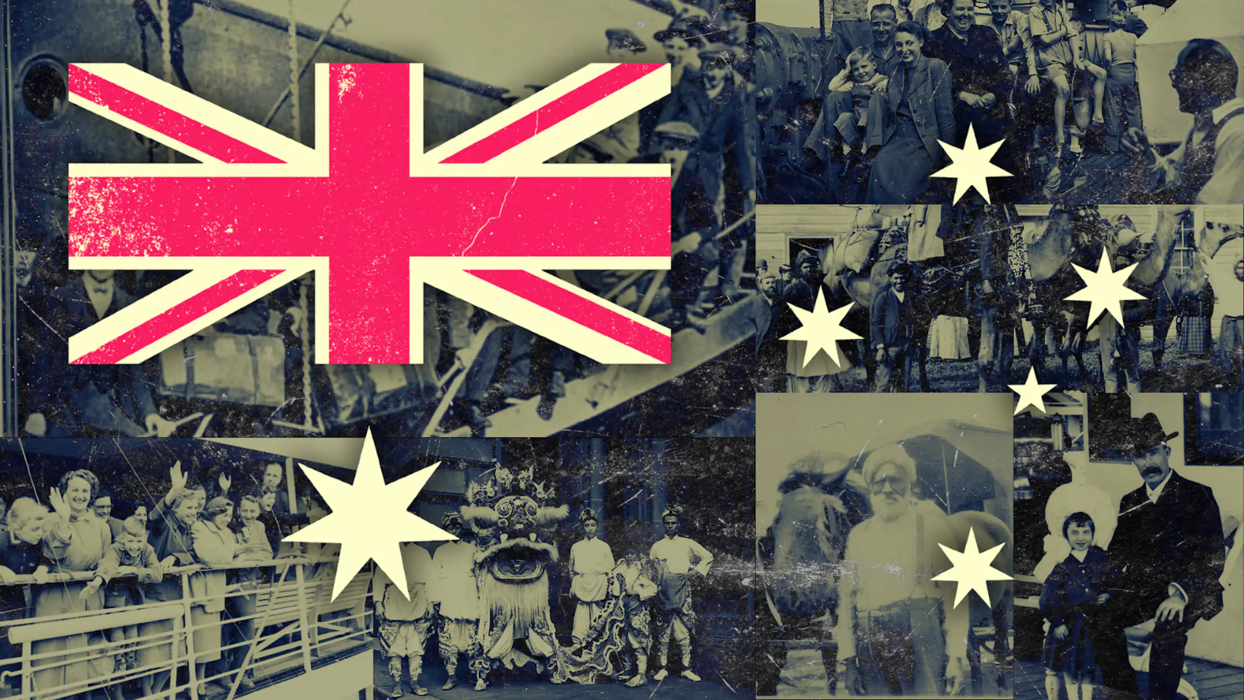 An Australian flag made up of a collage of photos of migrants