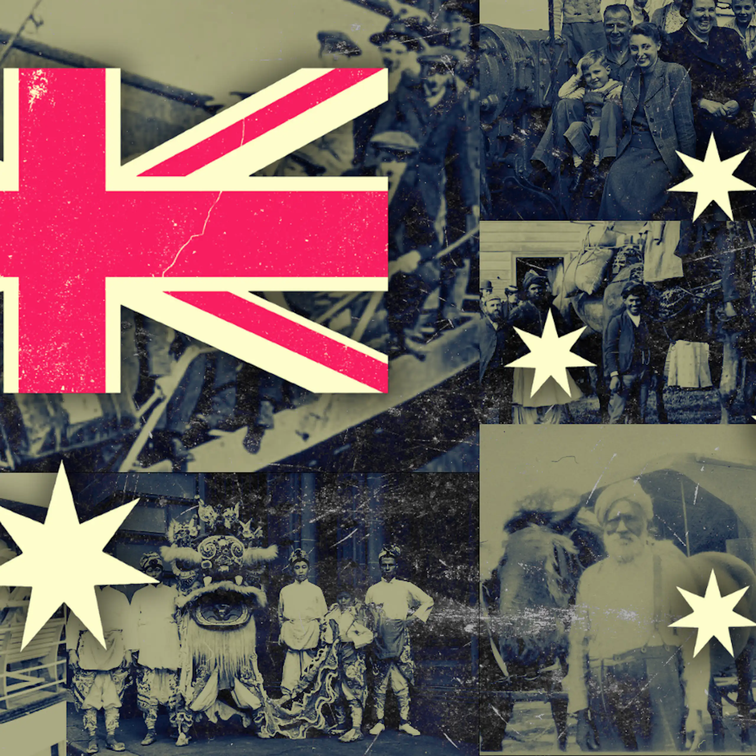 An Australian flag made up of a collage of photos of migrants