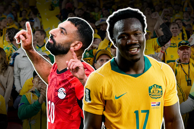 A graphic illustration featuring Egypt's Mohamed Salah and Socceroo Nestory Irankunda, with Australian supporters in the background.