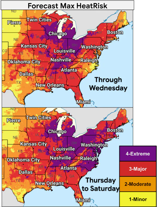 Maps show the heat risk forecast with extreme heat in large parts of the Midwest and Mid-Atlantic region and at least major heat in the rest of the West.