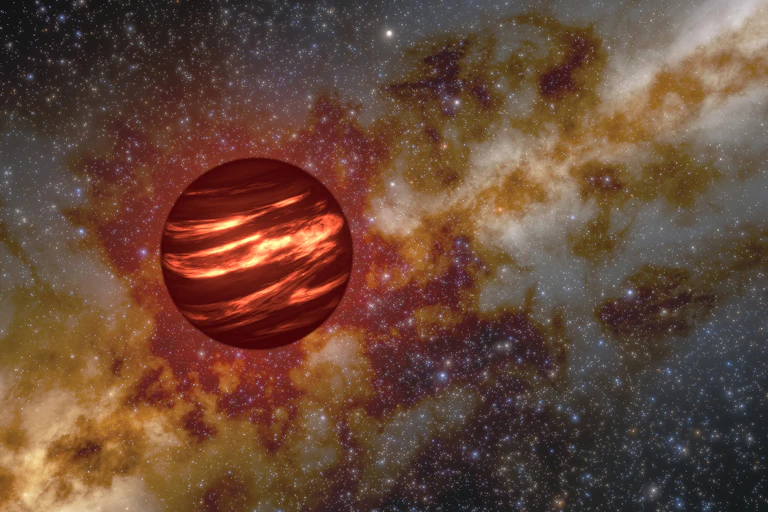 An illustration showing a brown dwarf as brown and red sphere floating in space
