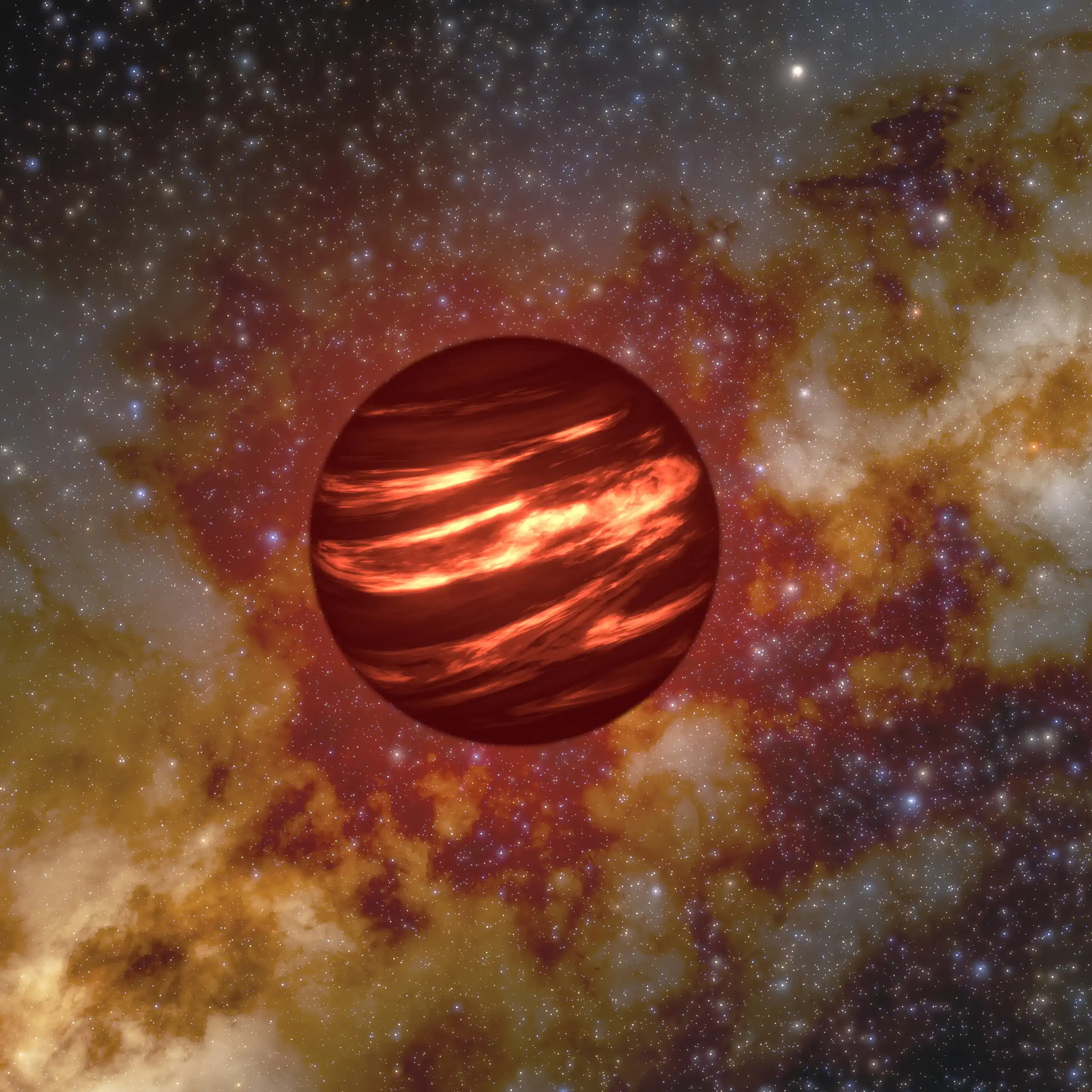 An illustration showing a brown dwarf as brown and red sphere floating in space