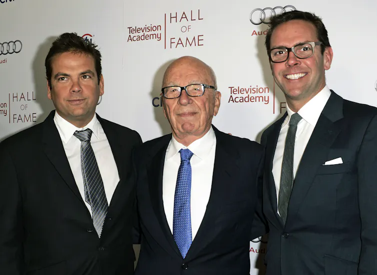 three men in suit and tie - Lachlan, Rupert and James Murdoch