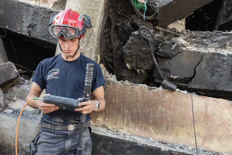 Man wearing red helmet next to building rubble