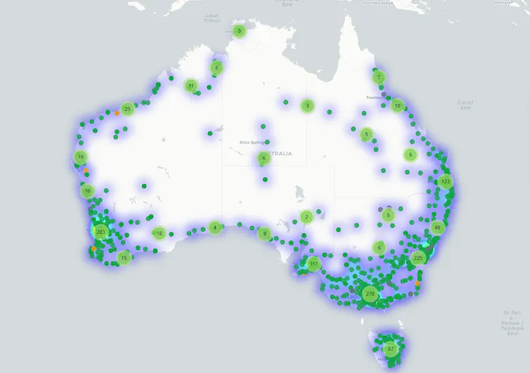 map of Australia showing locations of public EV chargers.