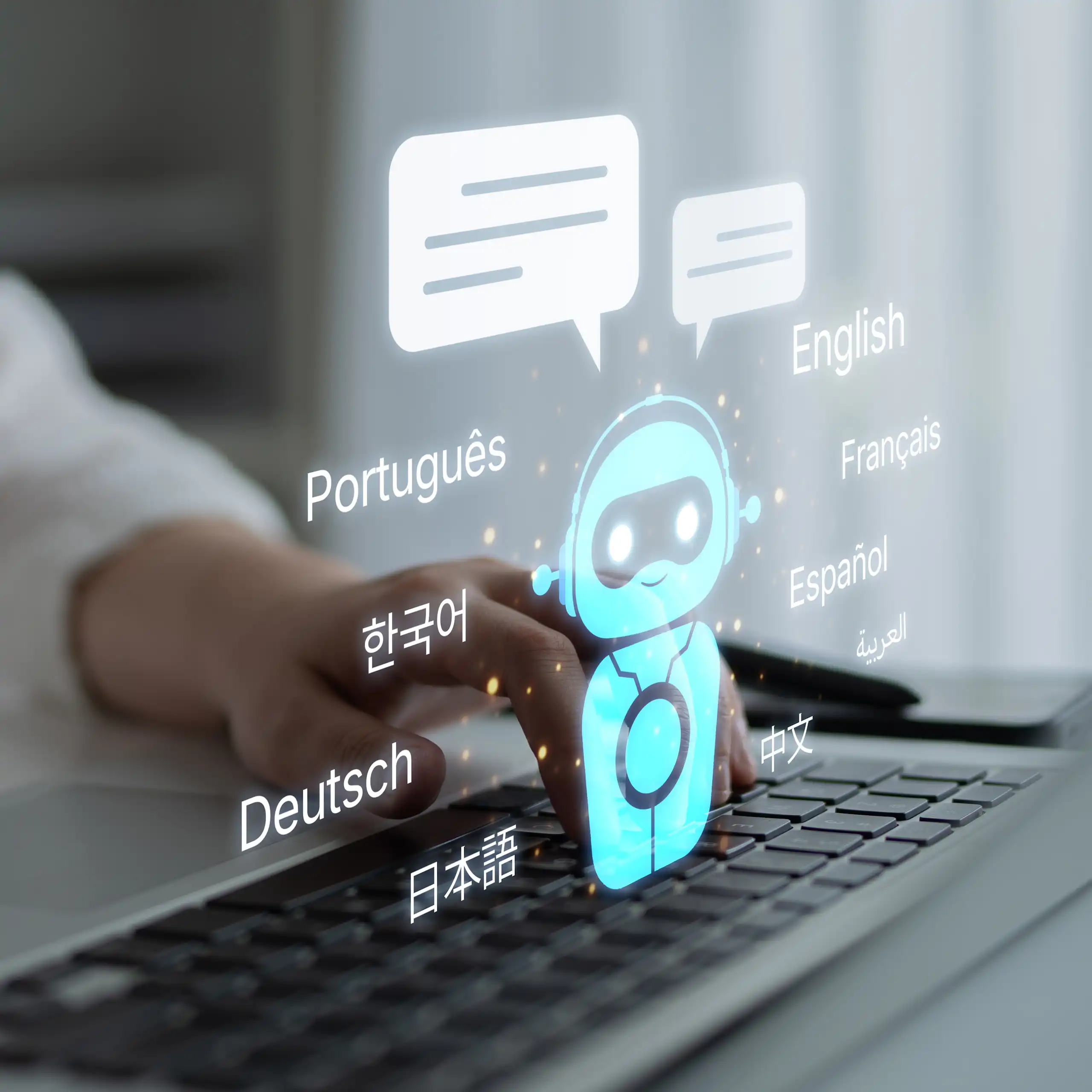 Personne devant son ordinateur avec un robot parlant plusieurs langues.