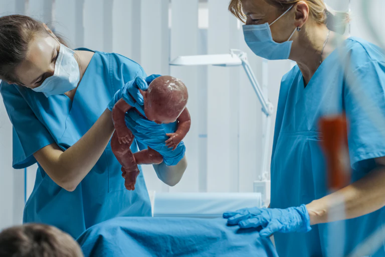 Midwives at birth of a baby
