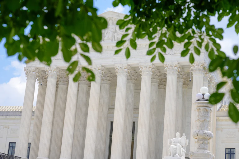 A federal building with white columns appears behind tree branches.