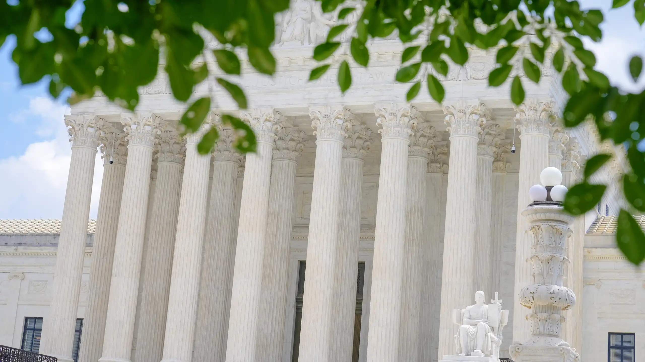 A federal building with white columns appears behind tree branches.