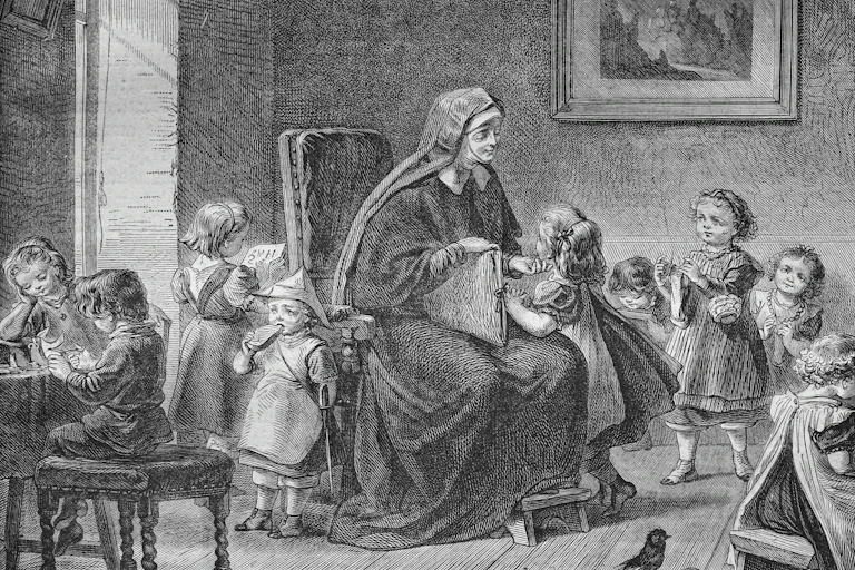A bible engraving depicting a nun teaching small girls circa 1860.