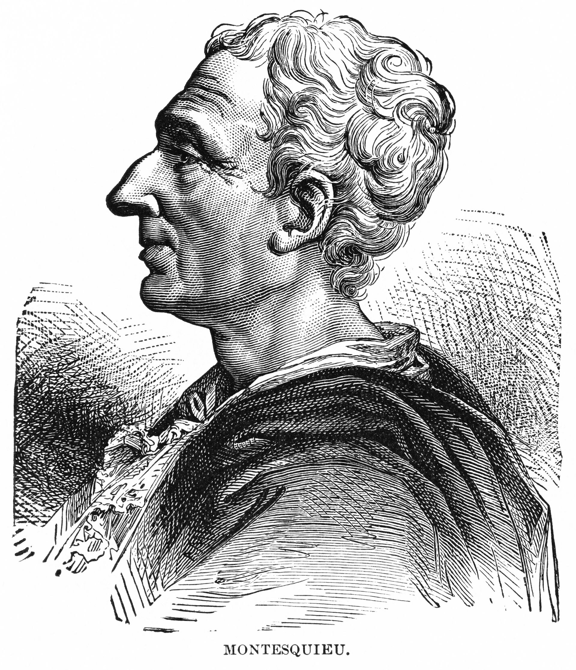 Black-and-white illustration of the French philosopher Montesquieu