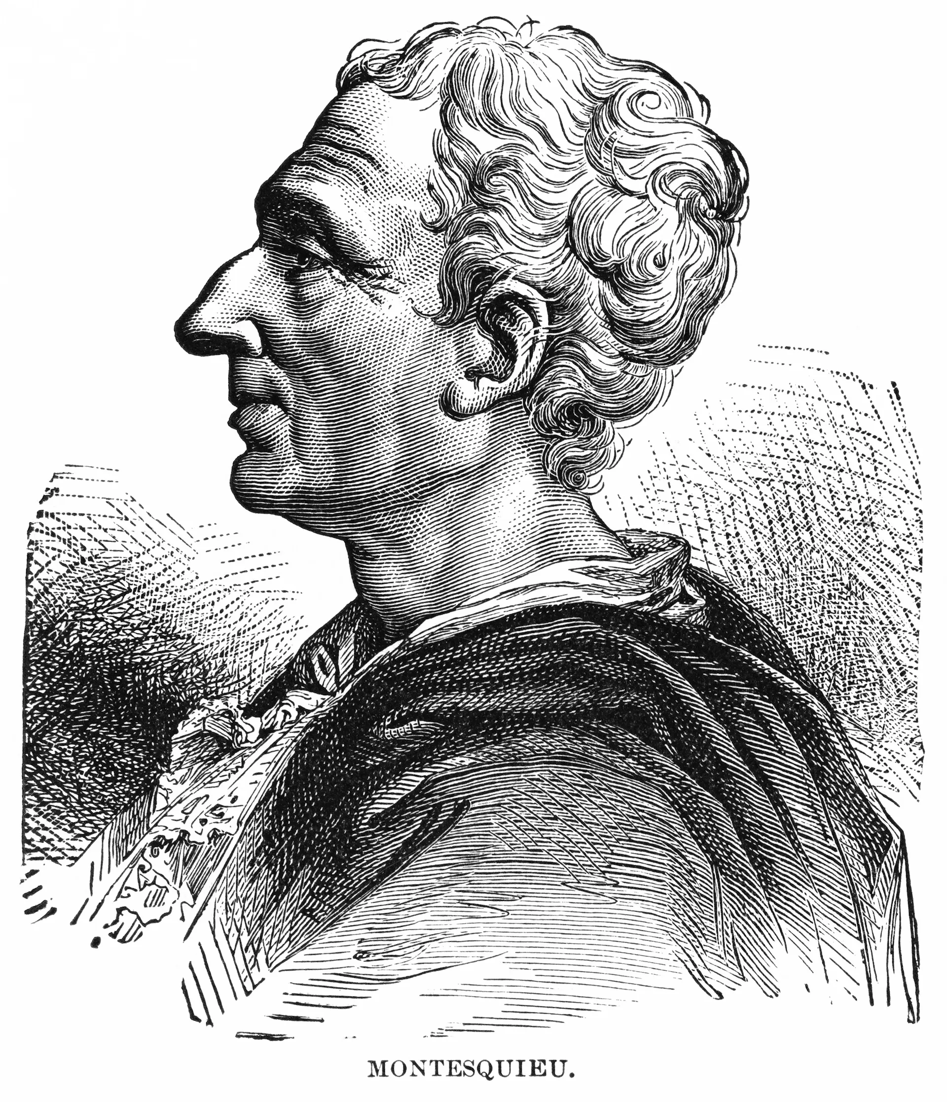 Black-and-white illustration of the French philosopher Montesquieu