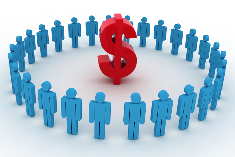 A giant red dollar sign is surrounded by blue stick figures.