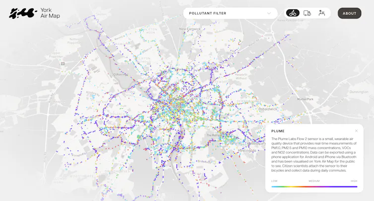 grey map of York city, dots to show air pollution levels
