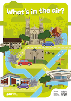 cartoon graphic of york city with cathedral, blue river, cars