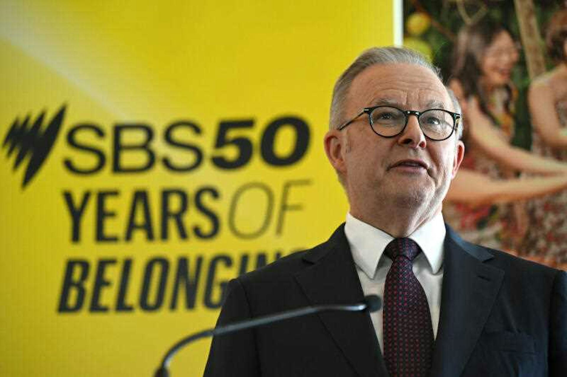Anthony Albanese delivers a speech at an event to celebrate the 50th anniversary of SBS in 2025.