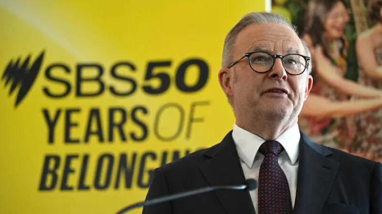 Anthony Albanese delivers a speech at an event to celebrate the 50th anniversary of SBS in 2025.