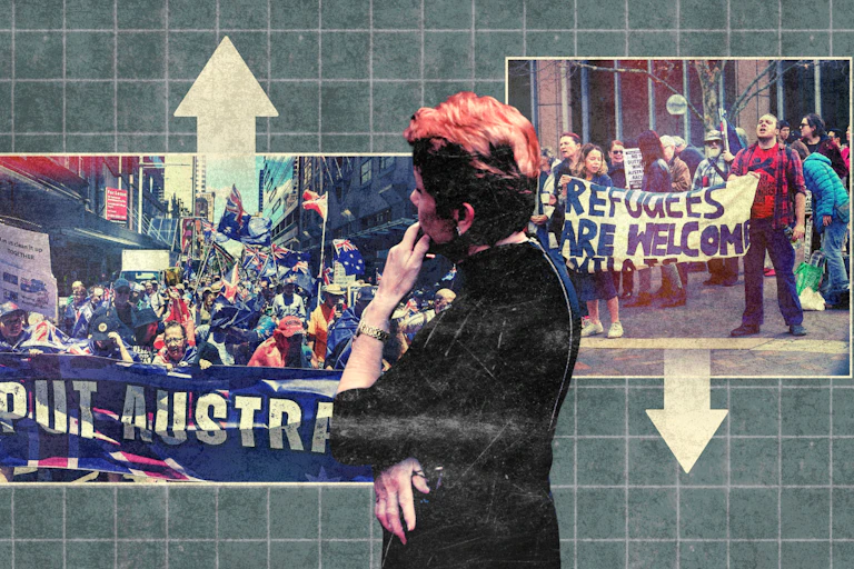 Pauline Hanson in front of two photos of protests, one in favour of immigration and one against