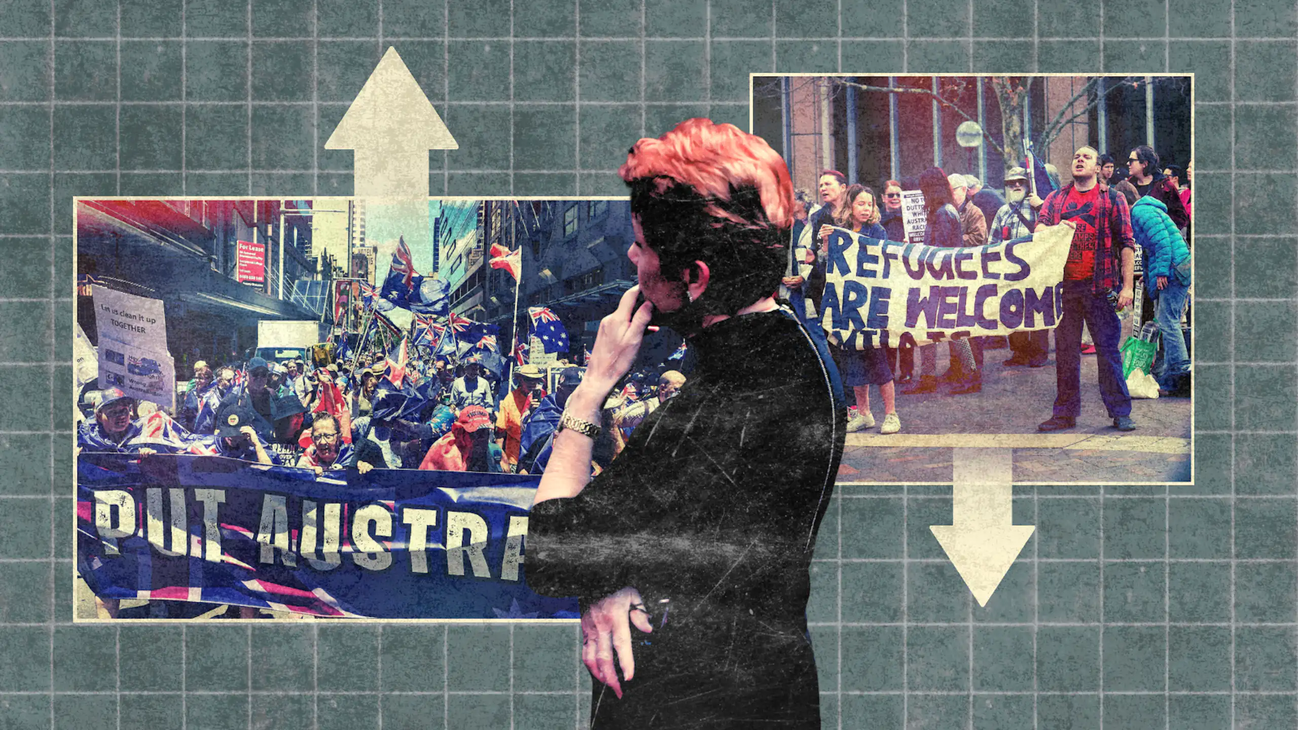 Pauline Hanson in front of two photos of protests, one in favour of immigration and one against