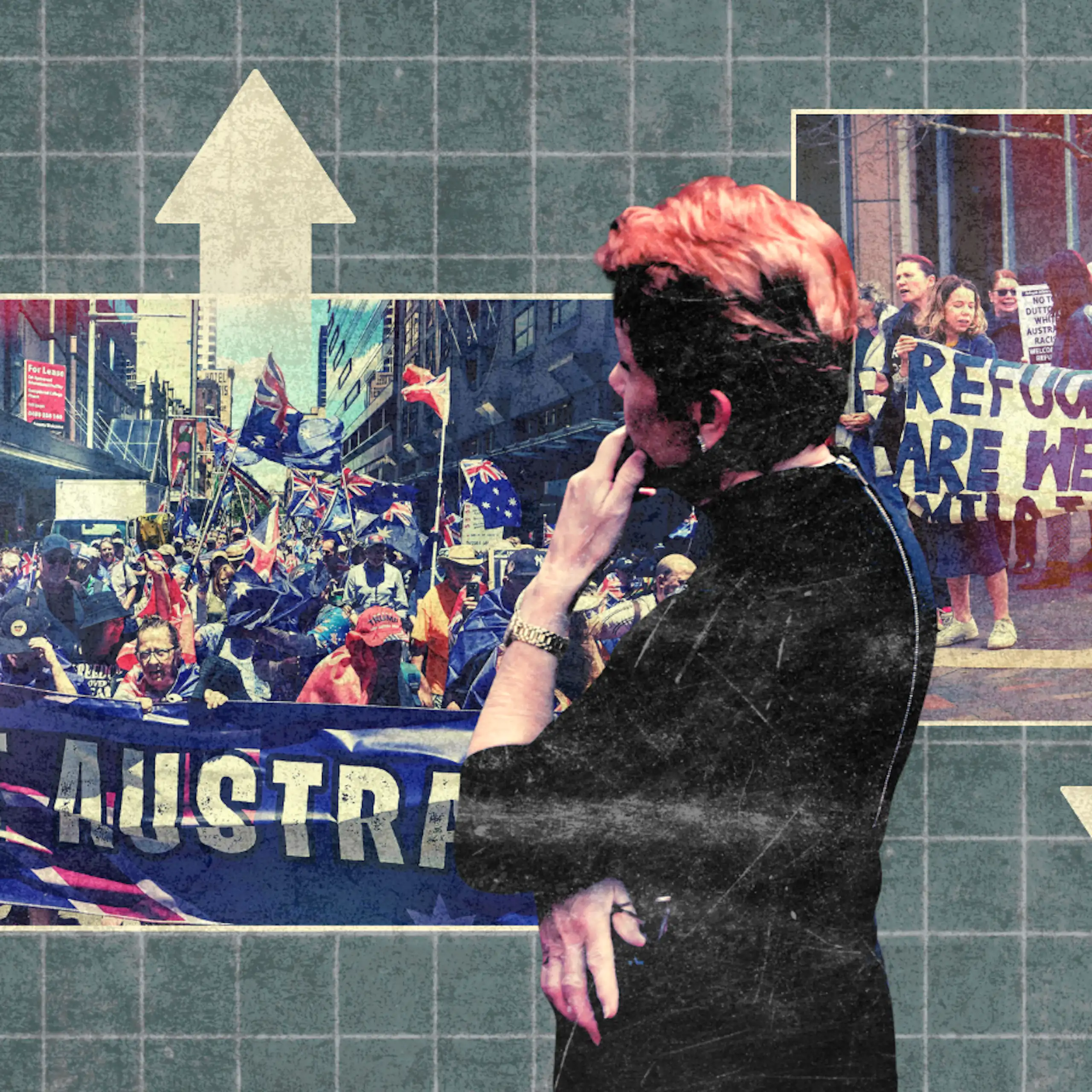 Pauline Hanson in front of two photos of protests, one in favour of immigration and one against