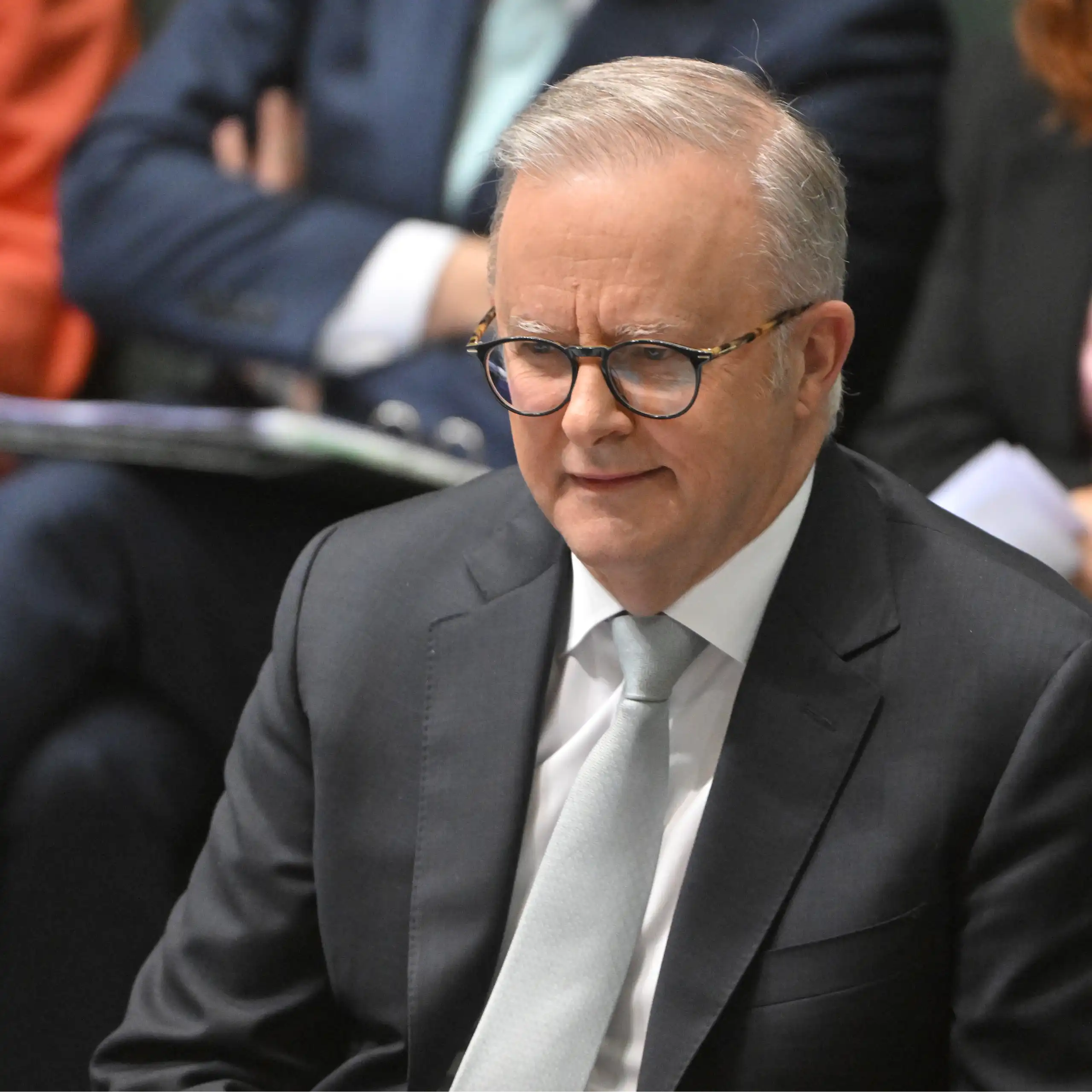 Anthony Albanese sits in parliament and smiles