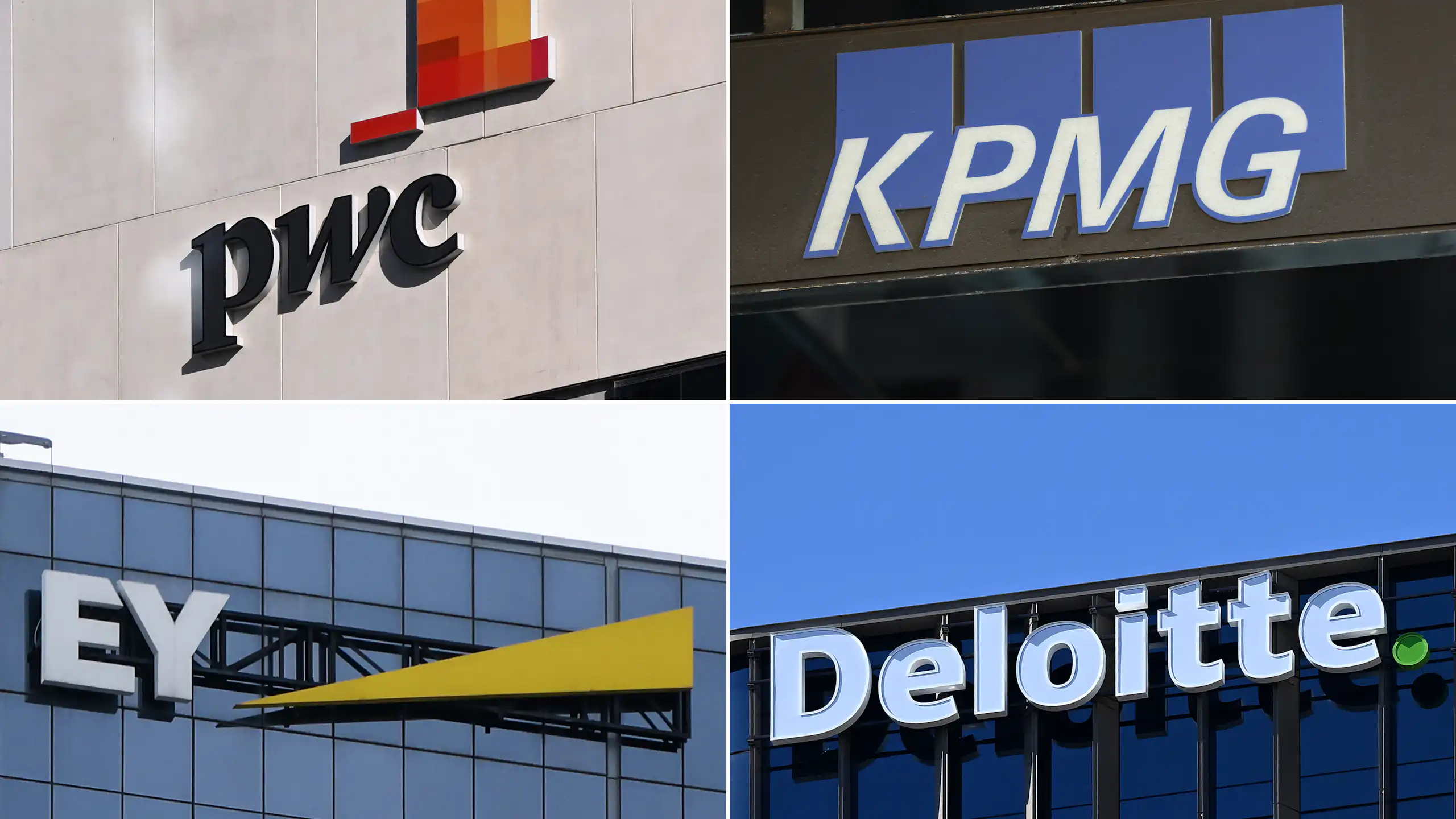 The four logos of PwC, KPMG, EY and Deloitte from the side of four buildings