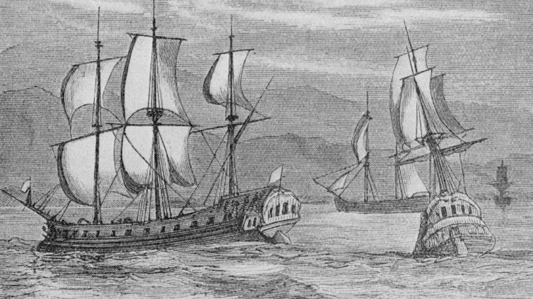 Etching of tall ships
