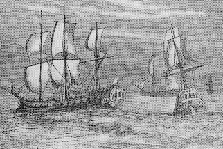 Etching of tall ships