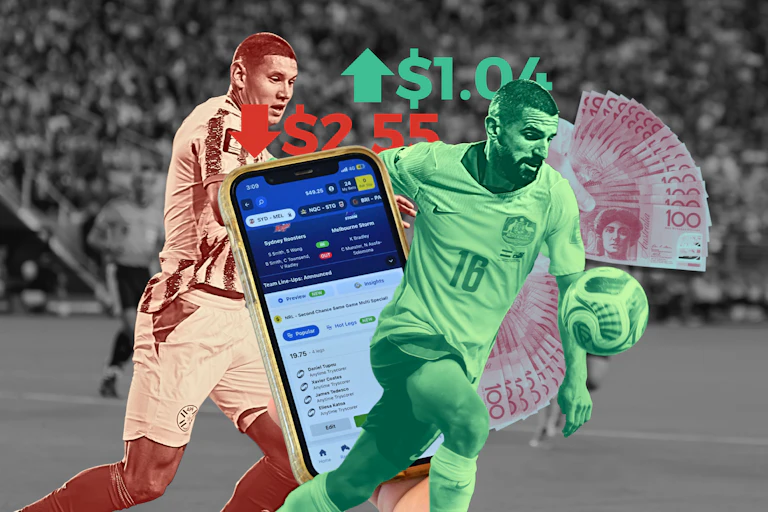 Socceroos player Aziz Behich during a World Cup match with a SportsBet app in the background