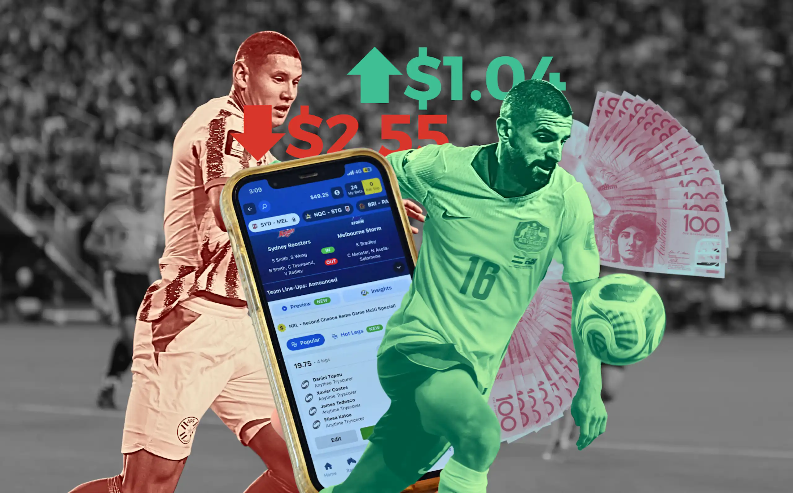 Socceroos player Aziz Behich during a World Cup match with a SportsBet app in the background