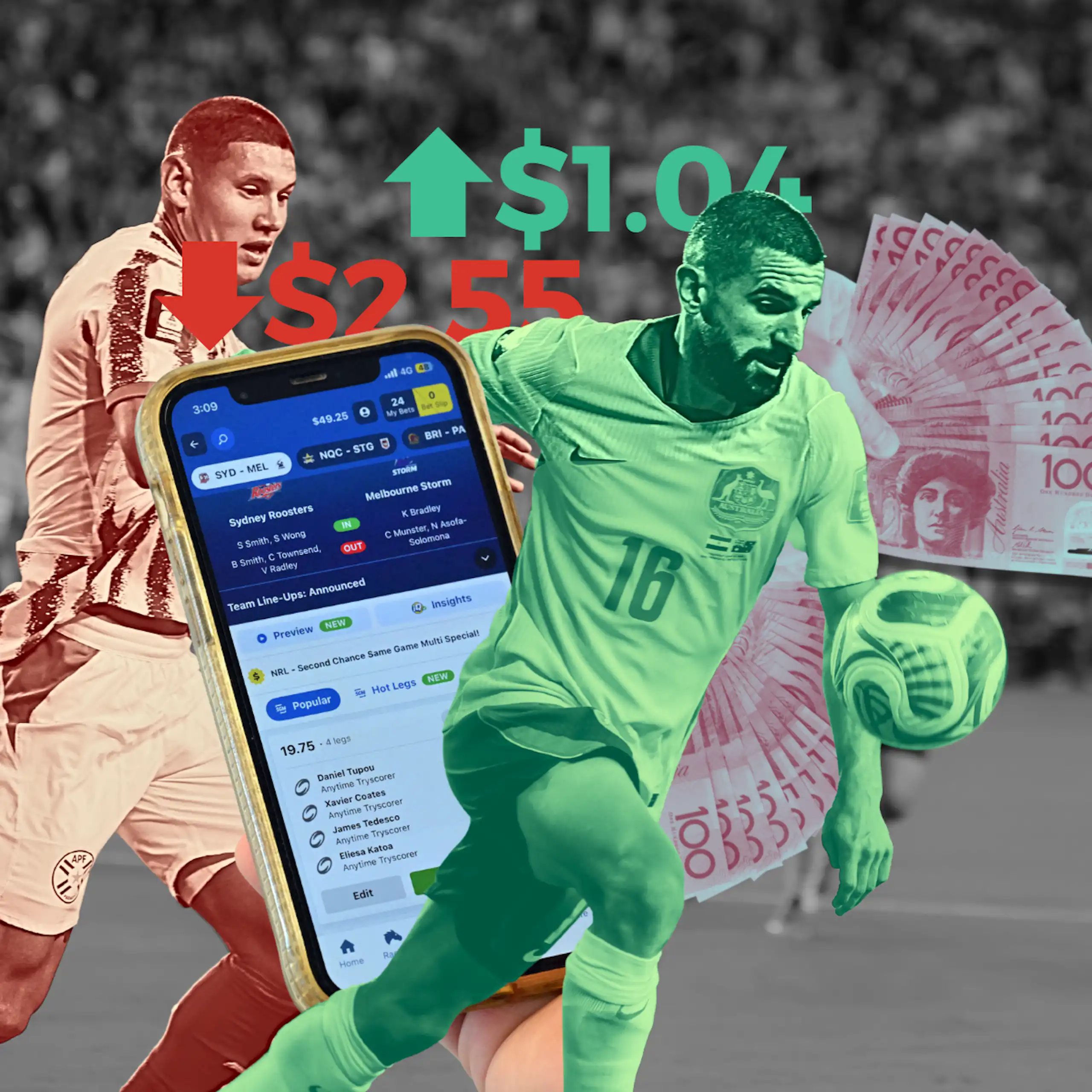 Socceroos player Aziz Behich during a World Cup match with a SportsBet app in the background