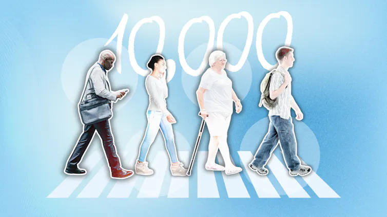 A composite image of four people walking across a zebra crossing with the number 10,000 in the background