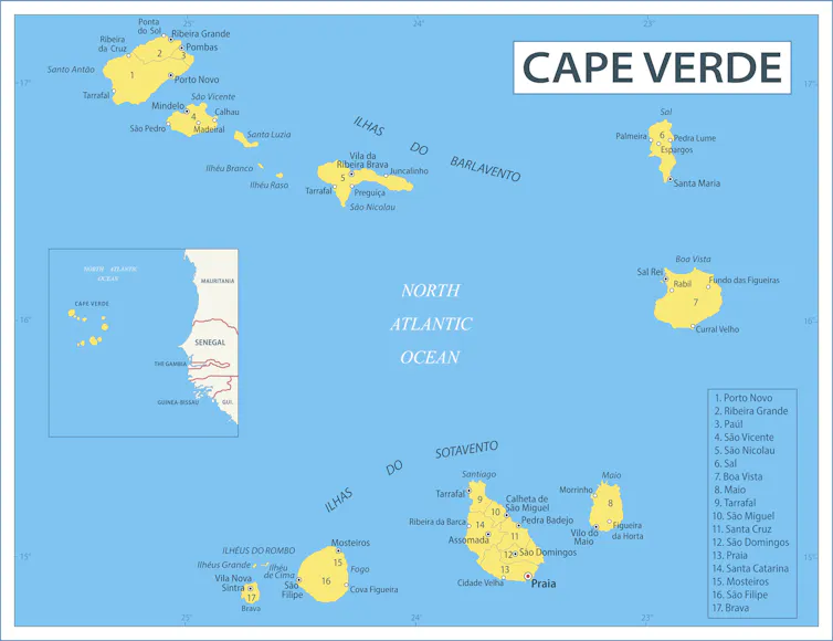 A map showing the location of Cabo Verde off the west coast of Africa.
