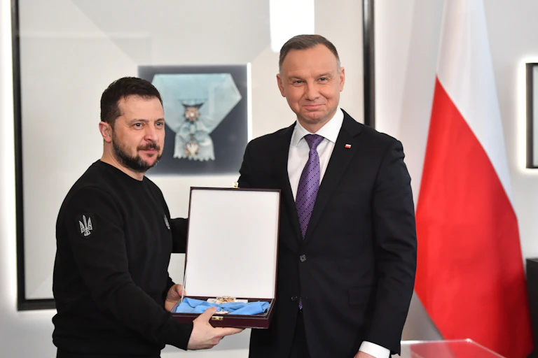Ukrainian president, Volodymyr Zelensky, receives the Order of the White Eagle from then Polish president, Andrzej Duda, in 2023.