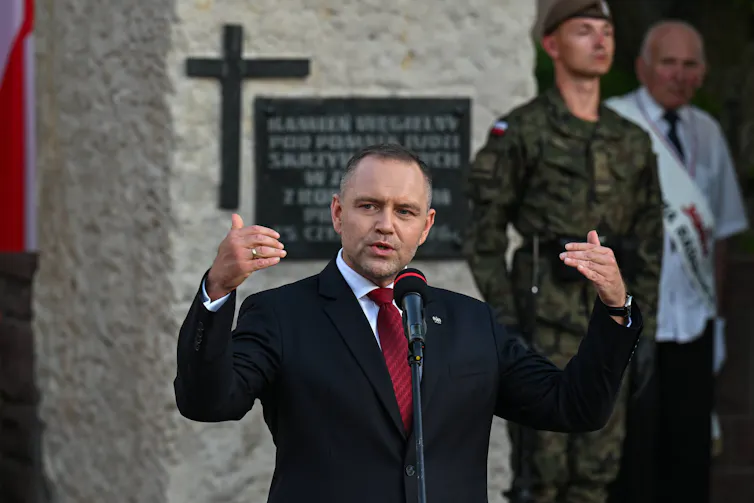 Polish president, Karol Nawrocki, makes a speech in front of a church in Radom, Poland, June 2026.