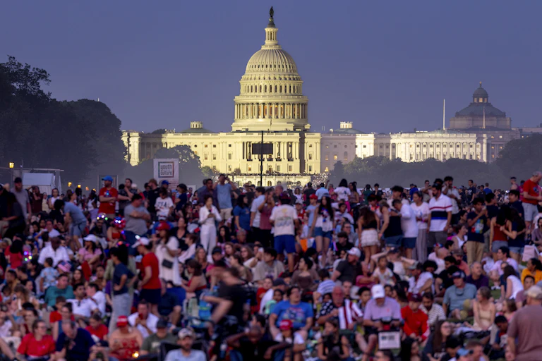 Spectators gather to watch a fireworks show in front of the US Capitol Building in Washington.