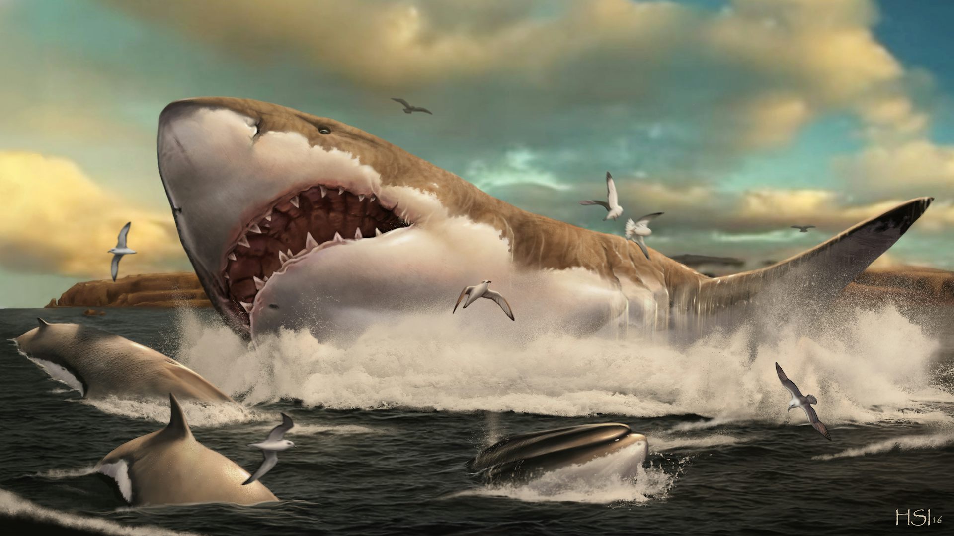 Ilustração de um enorme tubarão emergindo da superfície do oceano