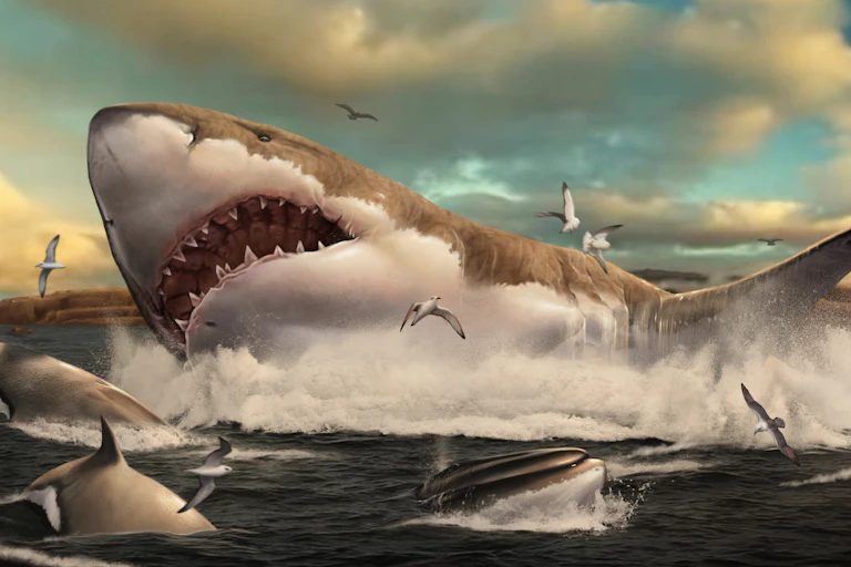 Ilustração de um enorme tubarão emergindo da superfície do oceano