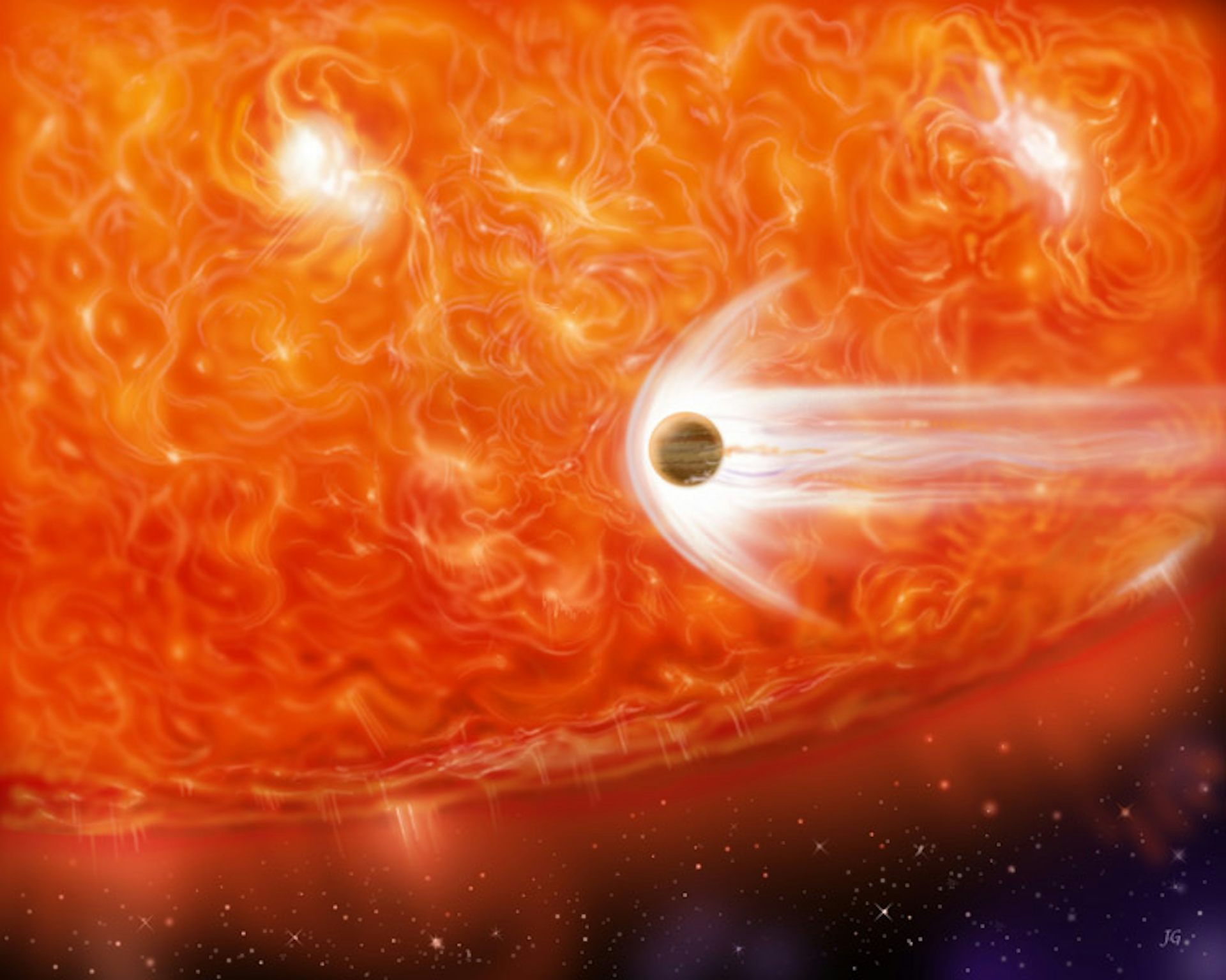 Ilustração de uma estrela e um planeta em vermelho