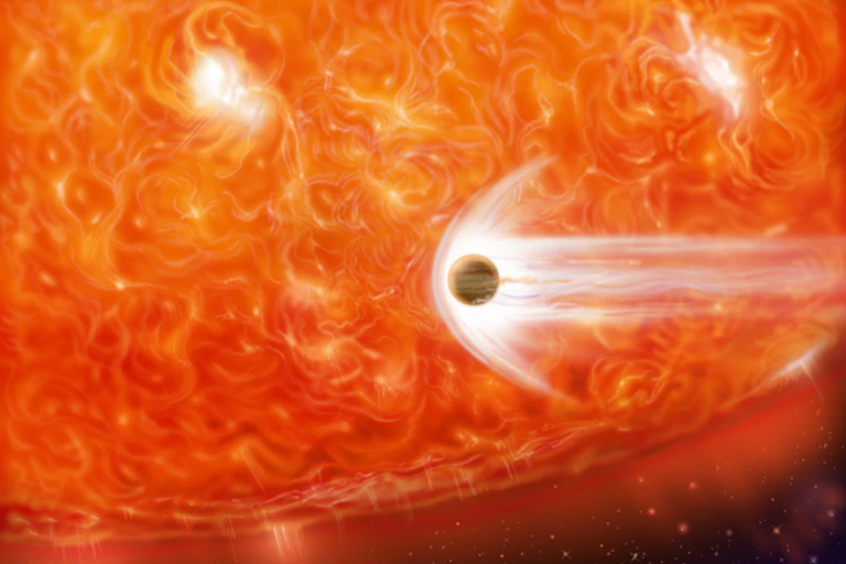 Ilustração de uma estrela e um planeta em vermelho