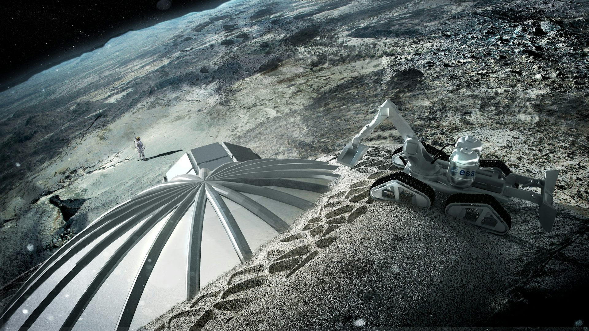 Ilustración de una base abovedada incrustada en la superficie lunar con una excavadora de construcción al lado.